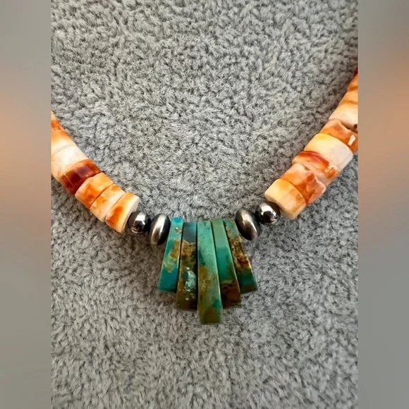 ❤️ Spiny Oyster Heishi Beads & 925 Desert Pearl Navajo Style Jacla Necklace 18” - Picture 4 of 14